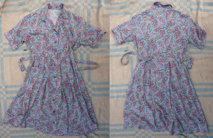 Vintage 1940s Shirt Dress Novelty Paisley Teal Blue Print Rayon UK S/M