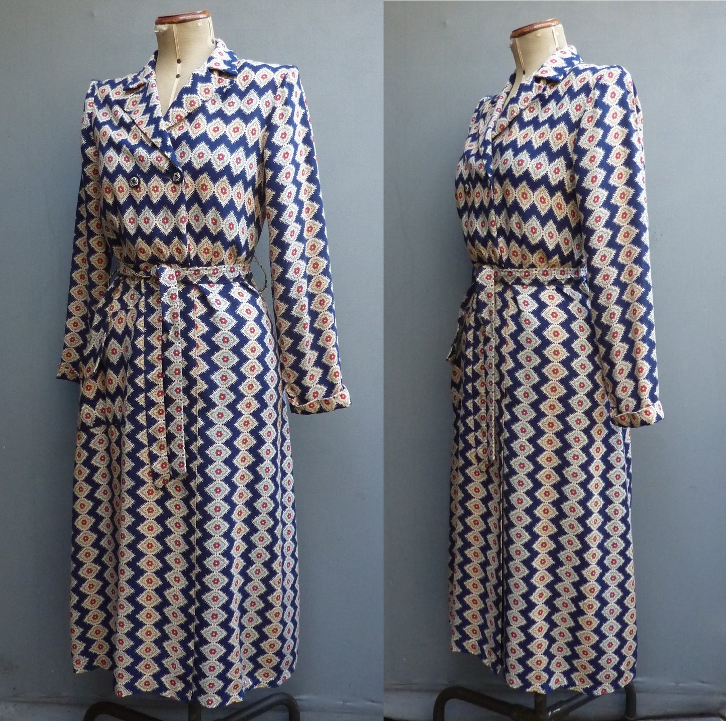 Vintage 1940s Housecoat Dressing Gown Robe Geometric Novelty Print UK S