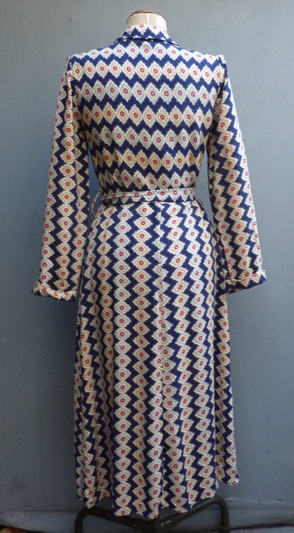 Vintage 1940s Housecoat Dressing Gown Robe Geometric Novelty Print UK S