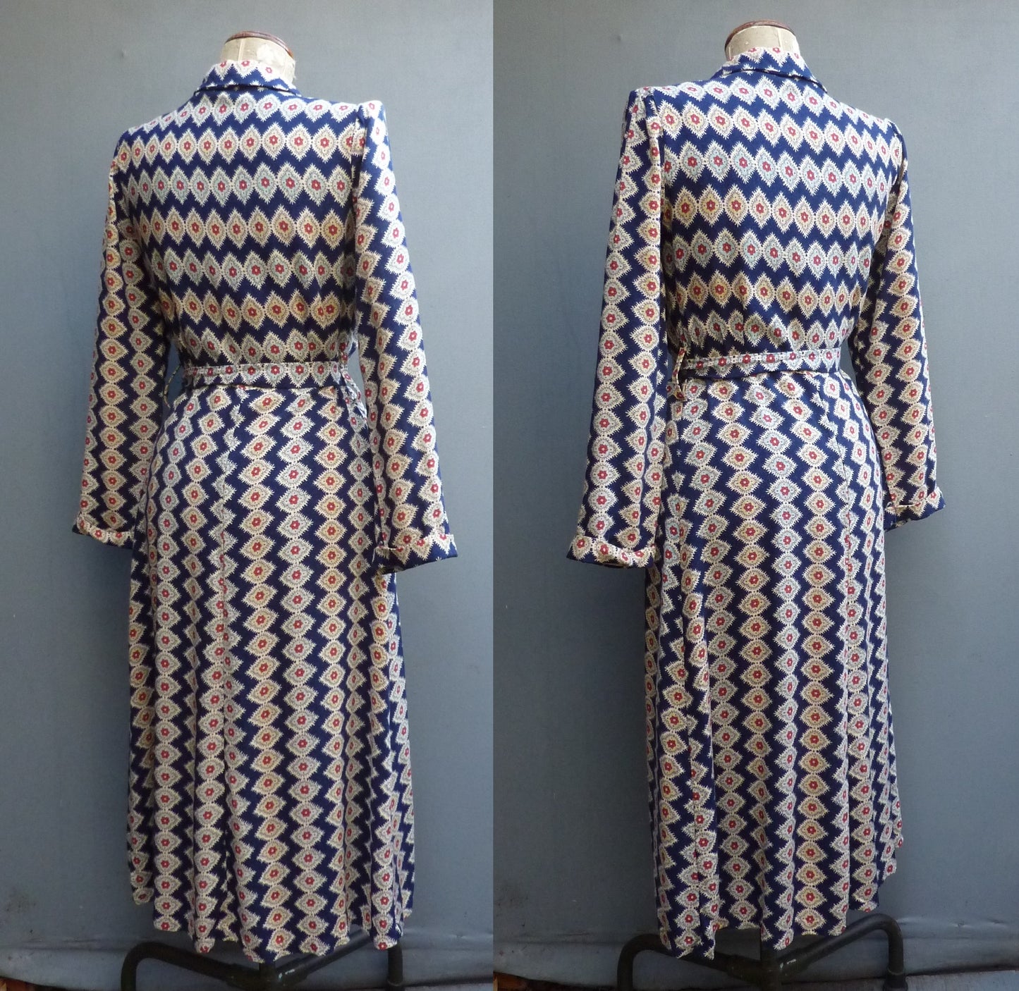 Vintage 1940s Housecoat Dressing Gown Robe Geometric Novelty Print UK S