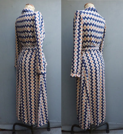 Vintage 1940s Housecoat Dressing Gown Robe Geometric Novelty Print UK S