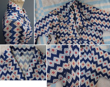 Vintage 1940s Housecoat Dressing Gown Robe Geometric Novelty Print UK S