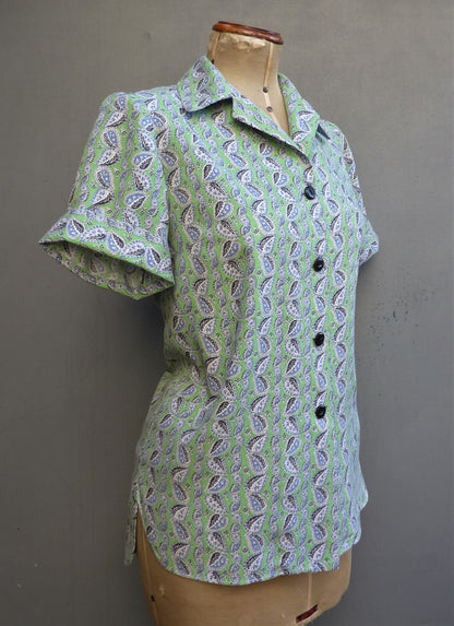 Vintage 1950s Blouse Paisley Print Green Blue Short Sleeved Shirt UK S/M