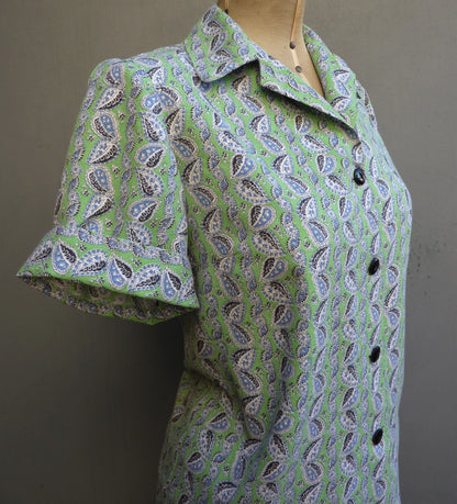 Vintage 1950s Blouse Paisley Print Green Blue Short Sleeved Shirt UK S/M