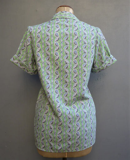 Vintage 1950s Blouse Paisley Print Green Blue Short Sleeved Shirt UK S/M