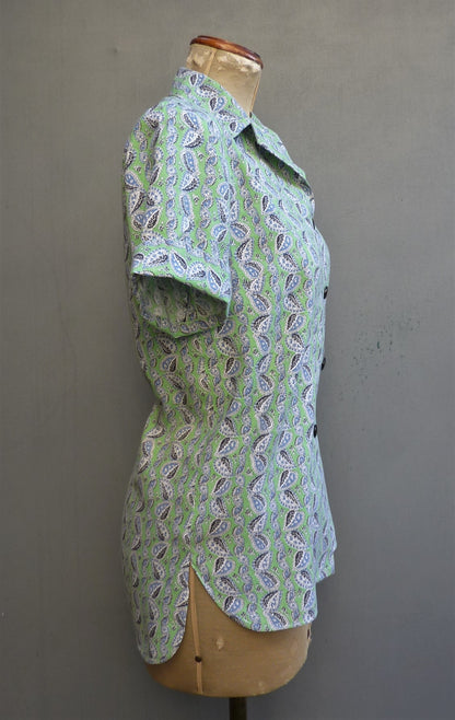 Vintage 1950s Blouse Paisley Print Green Blue Short Sleeved Shirt UK S/M