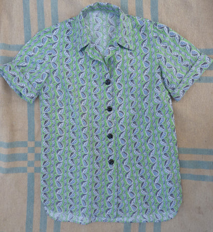 Vintage 1950s Blouse Paisley Print Green Blue Short Sleeved Shirt UK S/M