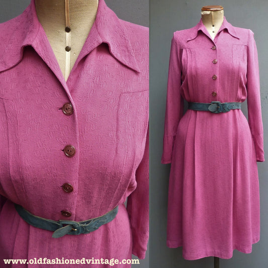 Original Vintage Dress 1940s WW2 Handmade Dark Pink Rayon UK S