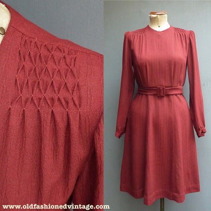 Original Vintage 1940s Dress Handmade Russet Red Rust Chestnut Brown Rayon UK S/M