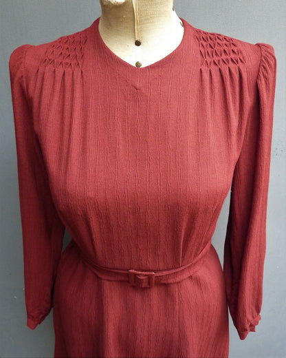 Original Vintage 1940s Dress Handmade Russet Red Rust Chestnut Brown Rayon UK S/M