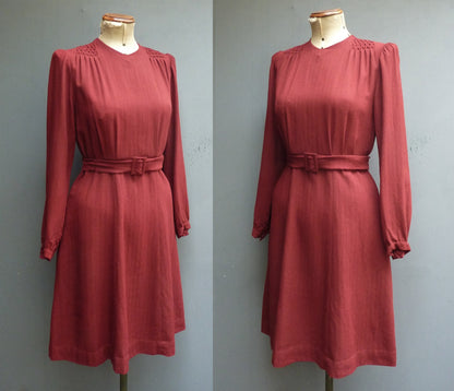 Original Vintage 1940s Dress Handmade Russet Red Rust Chestnut Brown Rayon UK S/M