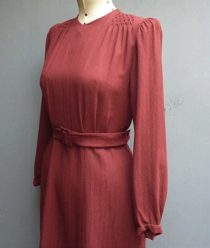 Original Vintage 1940s Dress Handmade Russet Red Rust Chestnut Brown Rayon UK S/M