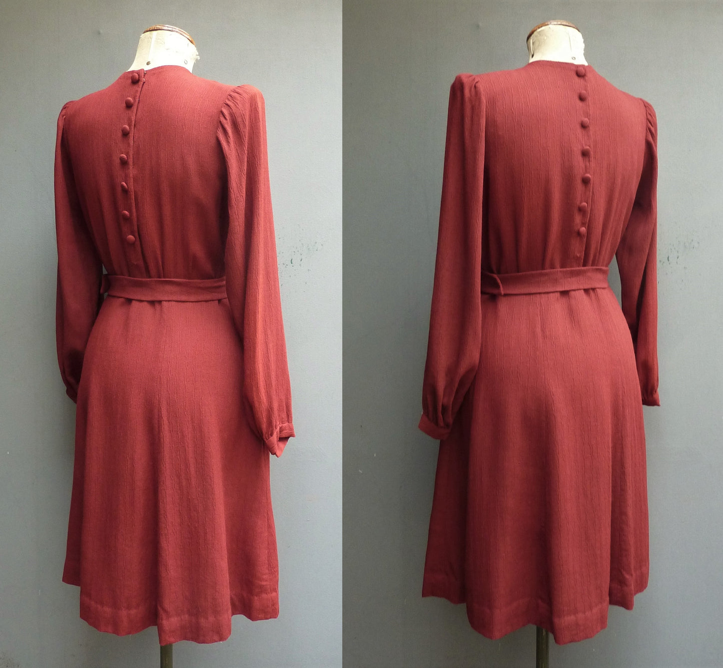 Original Vintage 1940s Dress Handmade Russet Red Rust Chestnut Brown Rayon UK S/M