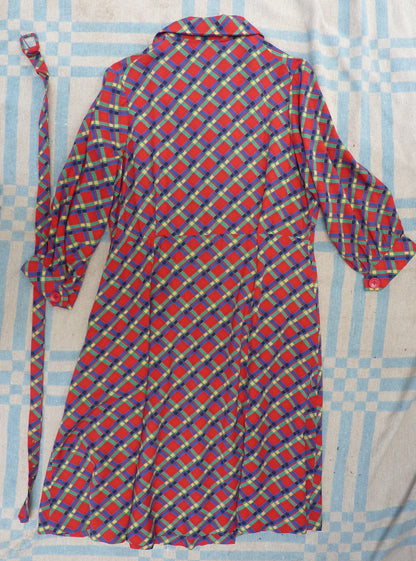 Vintage 1950s 60s Rayon Shirt Dress Red Green Blue Yellow Check Plaid Tartan UK M/L