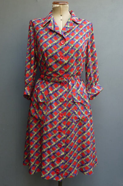 Vintage 1950s 60s Rayon Shirt Dress Red Green Blue Yellow Check Plaid Tartan UK M/L