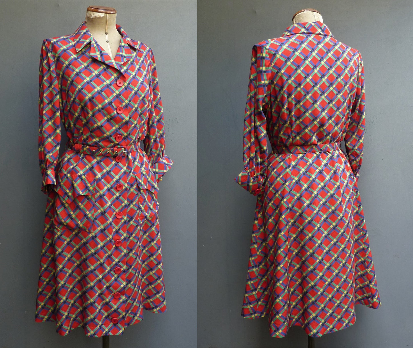 Vintage 1950s 60s Rayon Shirt Dress Red Green Blue Yellow Check Plaid Tartan UK M/L