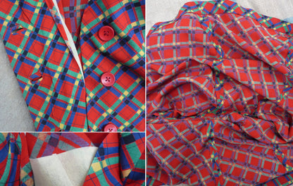 Vintage 1950s 60s Rayon Shirt Dress Red Green Blue Yellow Check Plaid Tartan UK M/L