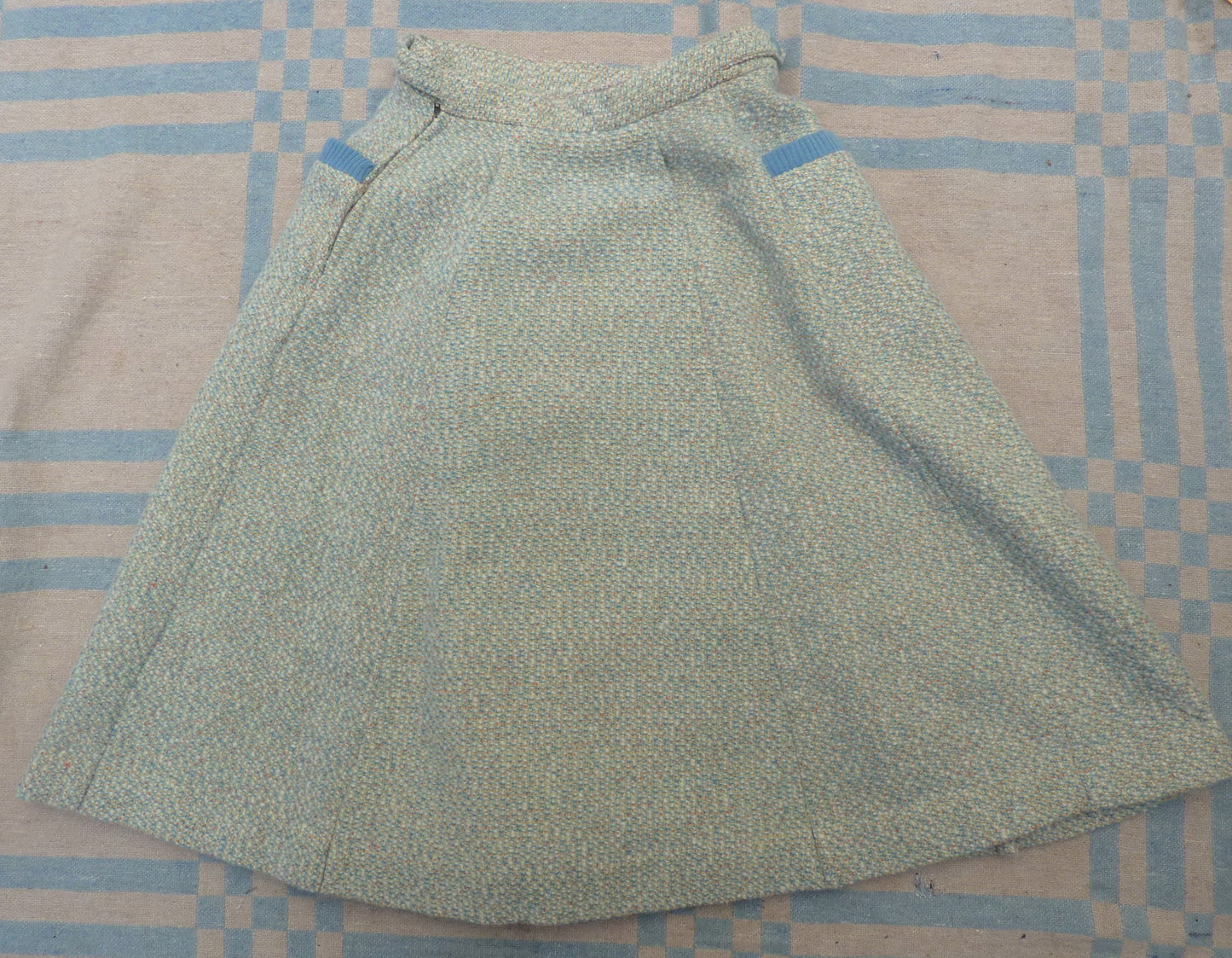 Super Vintage 1950s Skirt Cream Blue Flecked Textured Wool High Waist UK XS