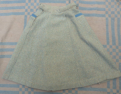 Super Vintage 1950s Skirt Cream Blue Flecked Textured Wool High Waist UK XS