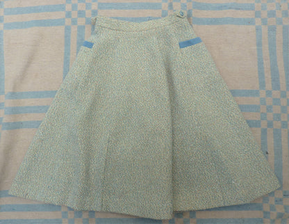 Super Vintage 1950s Skirt Cream Blue Flecked Textured Wool High Waist UK XS