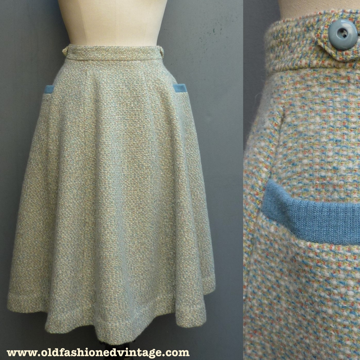 Super Vintage 1950s Skirt Cream Blue Flecked Textured Wool High Waist UK XS