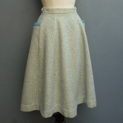 Super Vintage 1950s Skirt Cream Blue Flecked Textured Wool High Waist UK XS