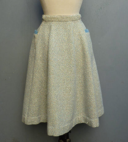 Super Vintage 1950s Skirt Cream Blue Flecked Textured Wool High Waist UK XS