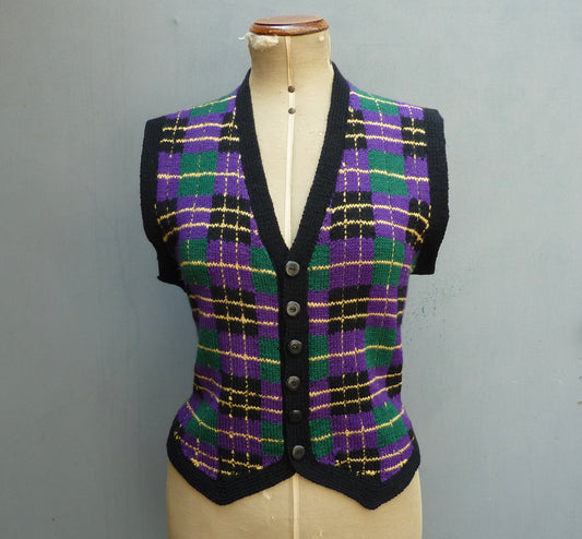 Vintage 1950s Hand Knitted Checked Fairisle Waistcoat Jerkin Wool Vest UK L