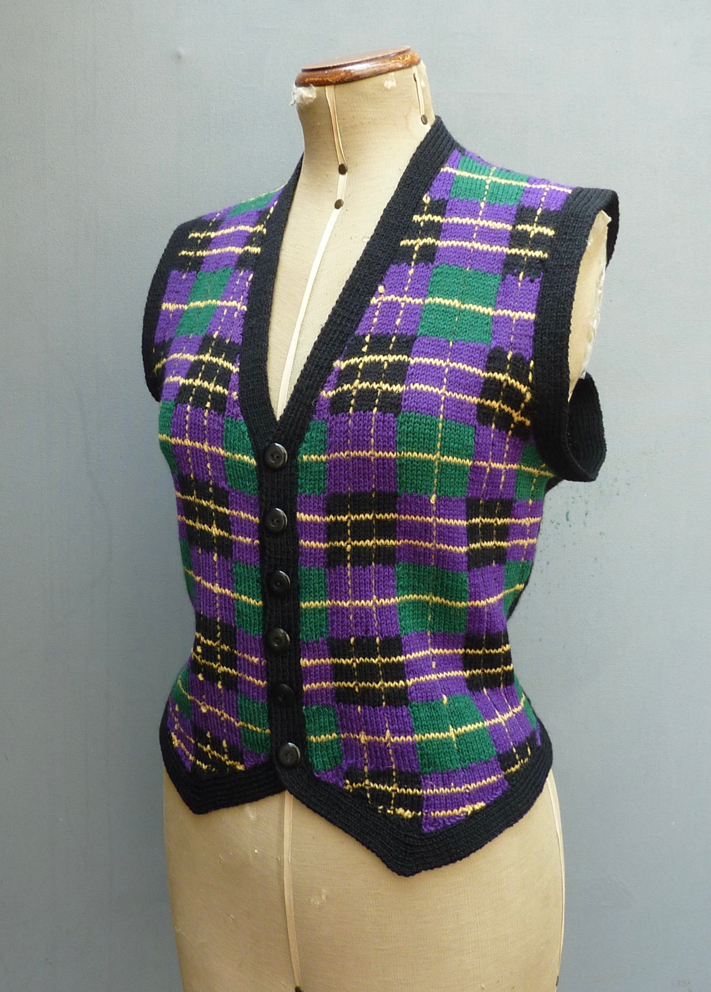 Vintage 1950s Hand Knitted Checked Fairisle Waistcoat Jerkin Wool Vest UK L