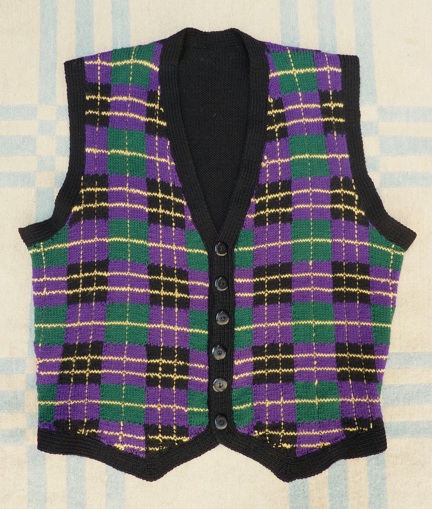 Vintage 1950s Hand Knitted Checked Fairisle Waistcoat Jerkin Wool Vest UK L