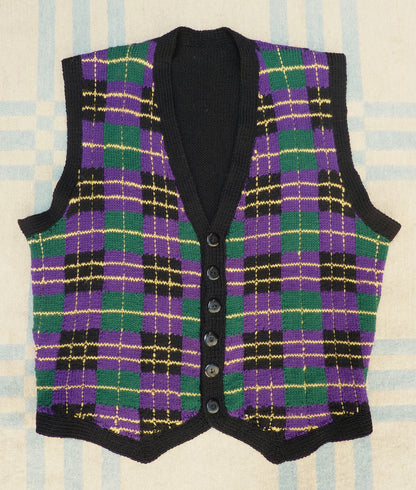 Vintage 1950s Hand Knitted Checked Fairisle Waistcoat Jerkin Wool Vest UK L