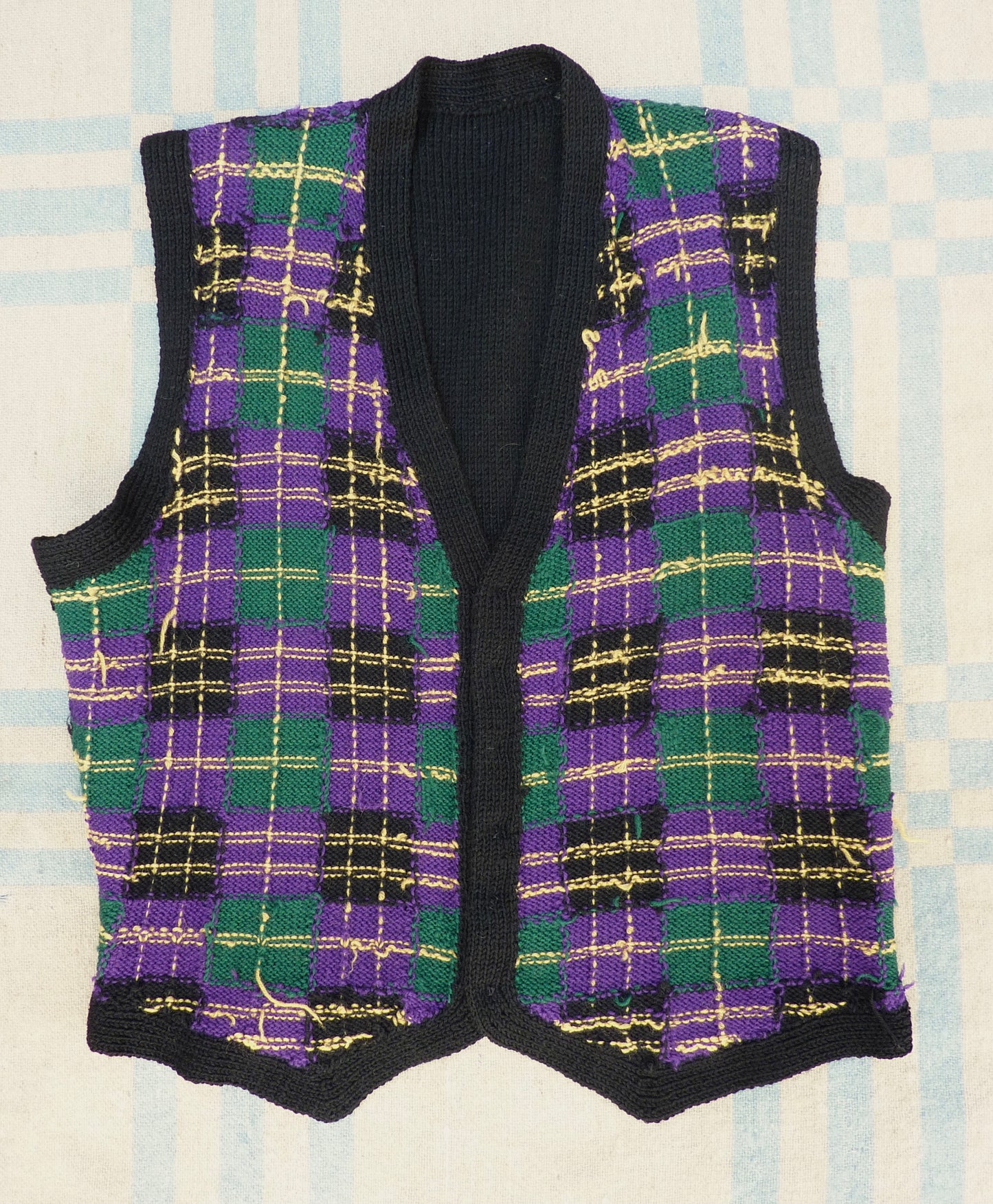 Vintage 1950s Hand Knitted Checked Fairisle Waistcoat Jerkin Wool Vest UK L