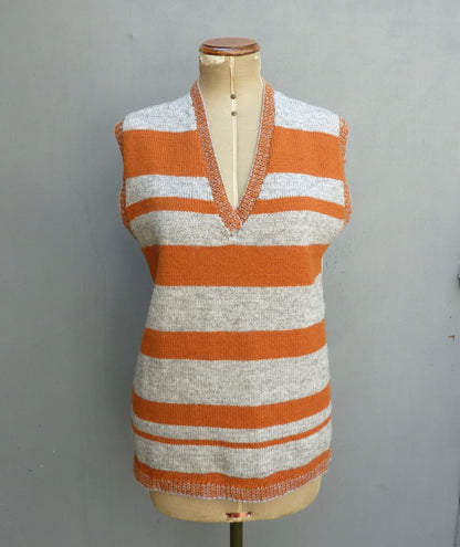 Vintage 1970s Knitted Striped Slipover Vest Grey Orange Wool Tunic UK M