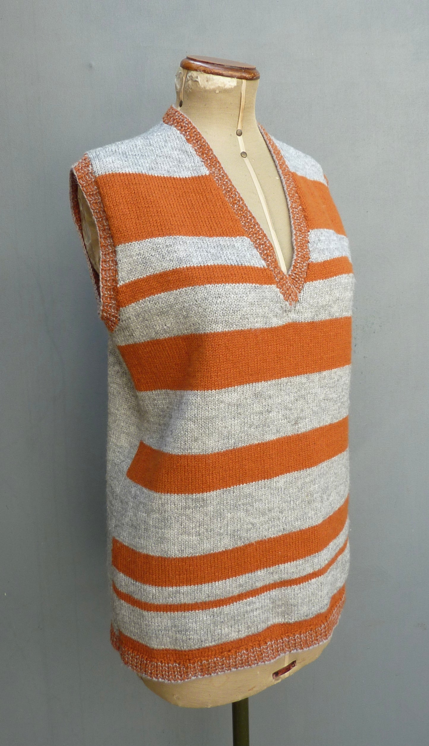 Vintage 1970s Knitted Striped Slipover Vest Grey Orange Wool Tunic UK M