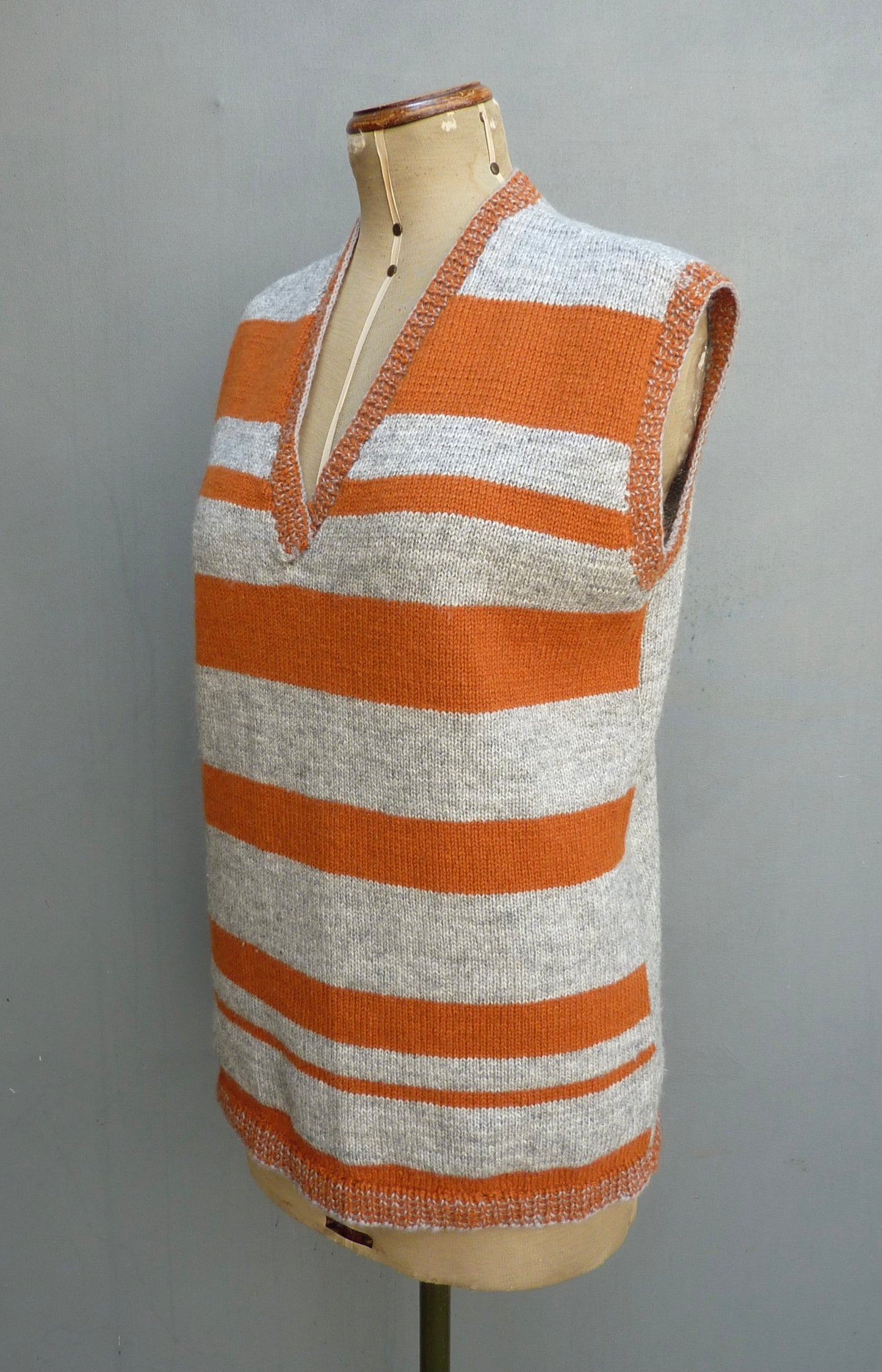 Vintage 1970s Knitted Striped Slipover Vest Grey Orange Wool Tunic UK M