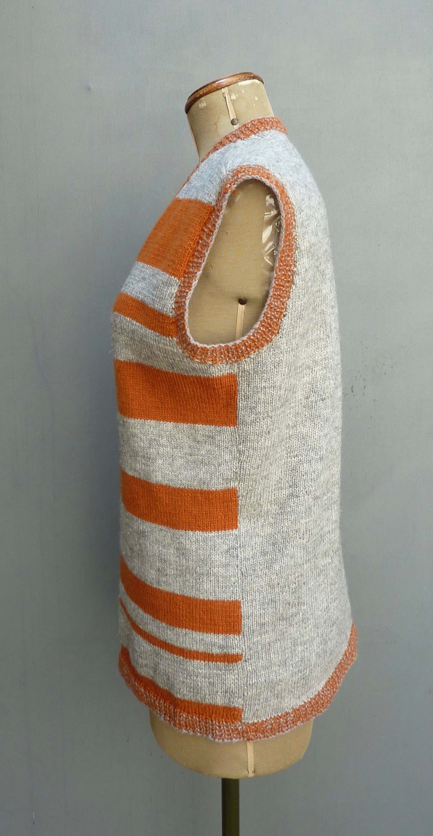 Vintage 1970s Knitted Striped Slipover Vest Grey Orange Wool Tunic UK M