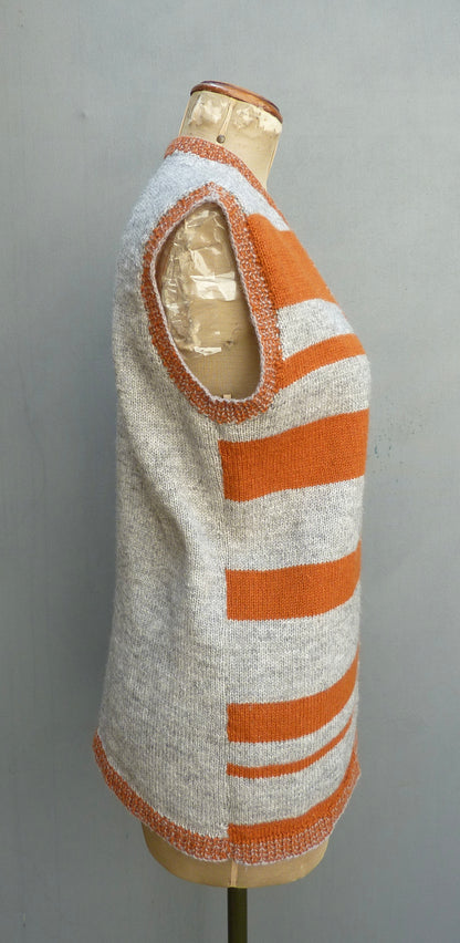 Vintage 1970s Knitted Striped Slipover Vest Grey Orange Wool Tunic UK M