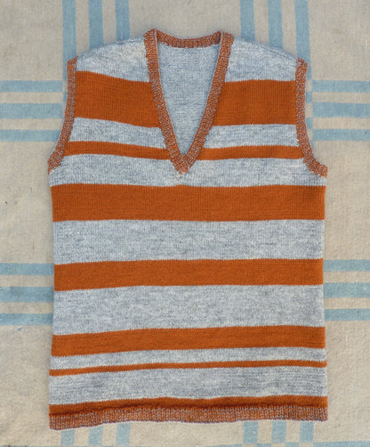 Vintage 1970s Knitted Striped Slipover Vest Grey Orange Wool Tunic UK M