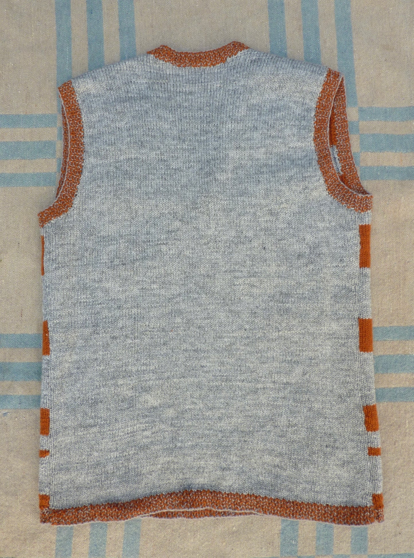 Vintage 1970s Knitted Striped Slipover Vest Grey Orange Wool Tunic UK M