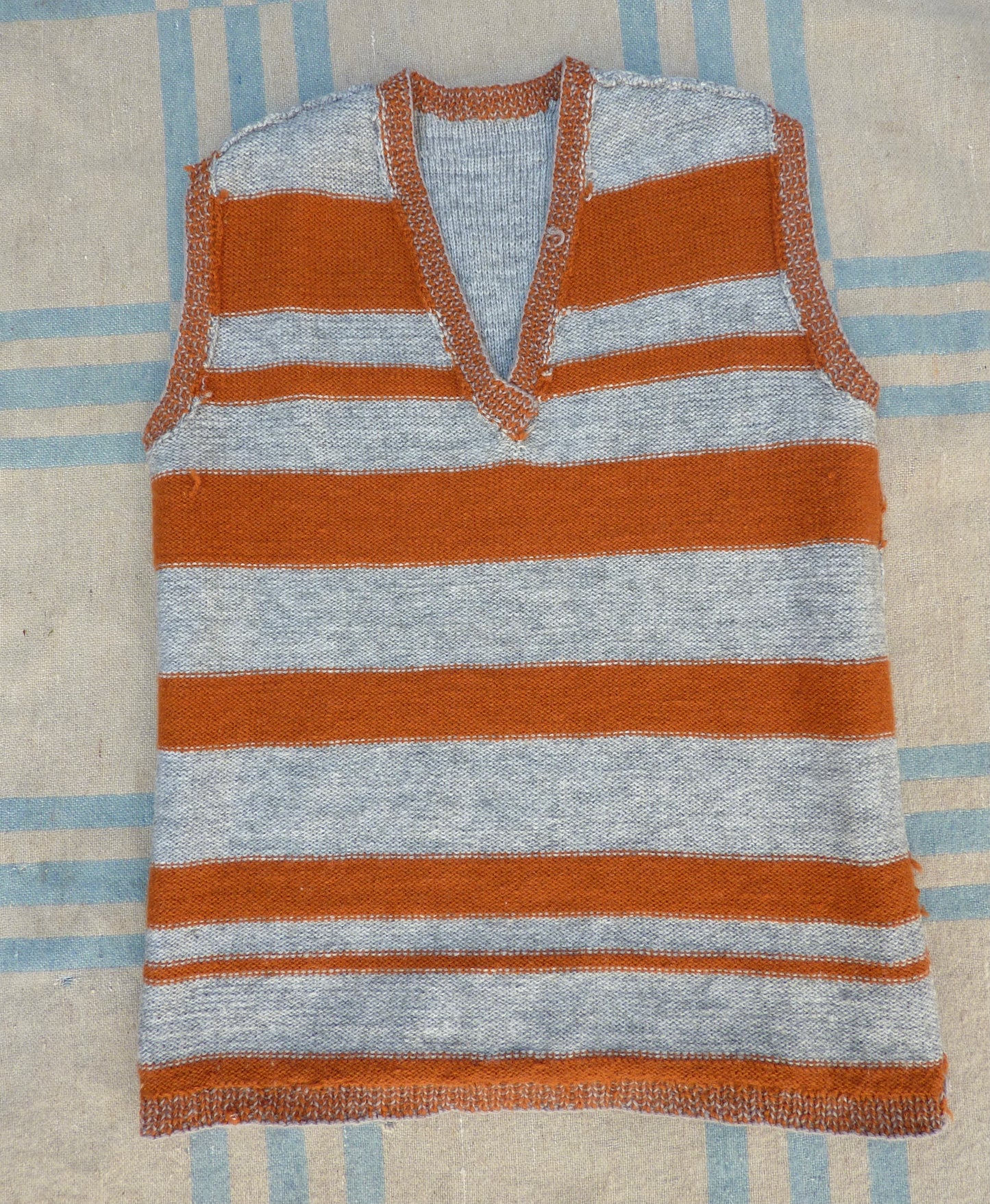 Vintage 1970s Knitted Striped Slipover Vest Grey Orange Wool Tunic UK M