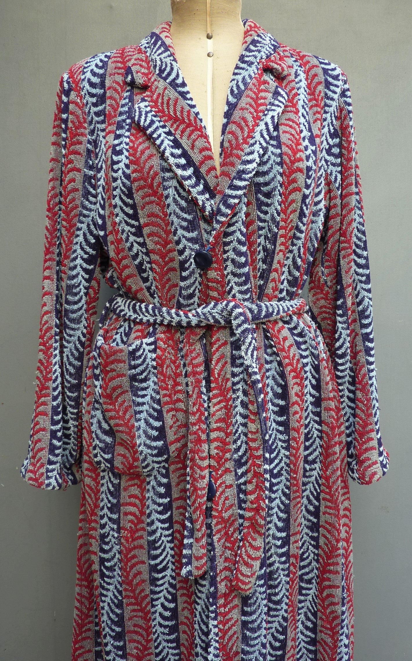 RARE Vintage 1940s Towelling Dressing Gown Robe Patterned Deco UK L/XL