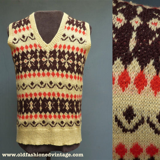 Vintage Mens Hand Knitted Fair Isle Slipover Sweater Vest Yellow Brown Red 1940s WW2 1950s Fairisle Tank Top