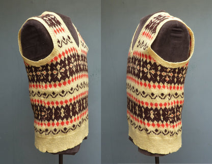 Vintage Mens Hand Knitted Fair Isle Slipover Sweater Vest Yellow Brown Red 1940s WW2 1950s Fairisle Tank Top
