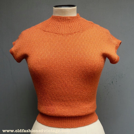 Vintage 1950s Hand Knitted Orange Sweater Dolman 40s 50s 1940s UK XS