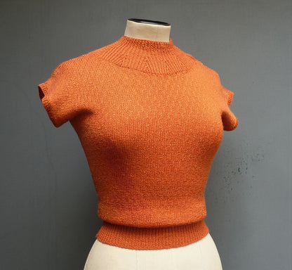 Vintage 1950s Hand Knitted Orange Sweater Dolman 40s 50s 1940s UK XS