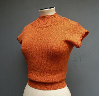 Vintage 1950s Hand Knitted Orange Sweater Dolman 40s 50s 1940s UK XS