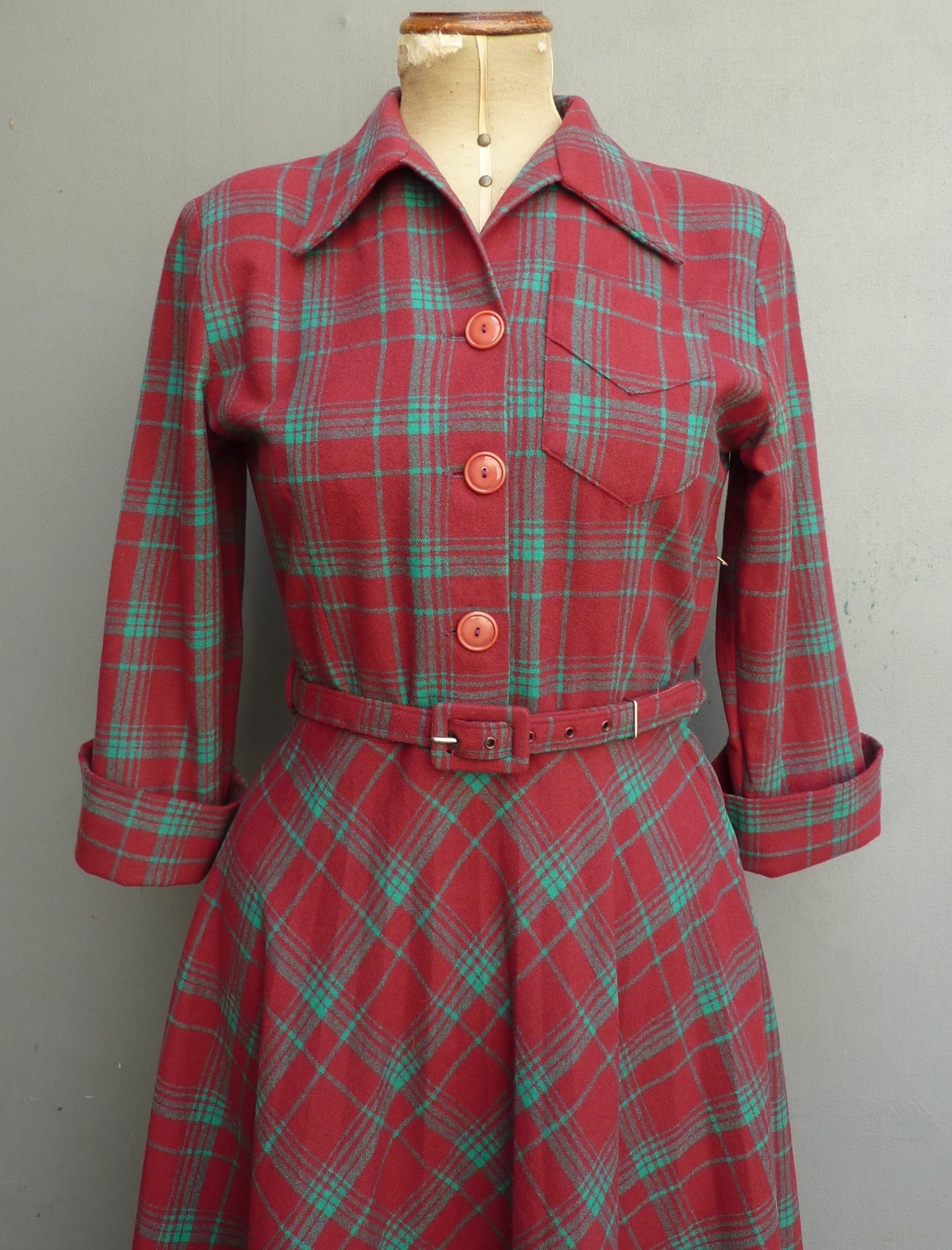 Superb Original 1940s Wool Dress Red Green Plaid Checked 40s UK S