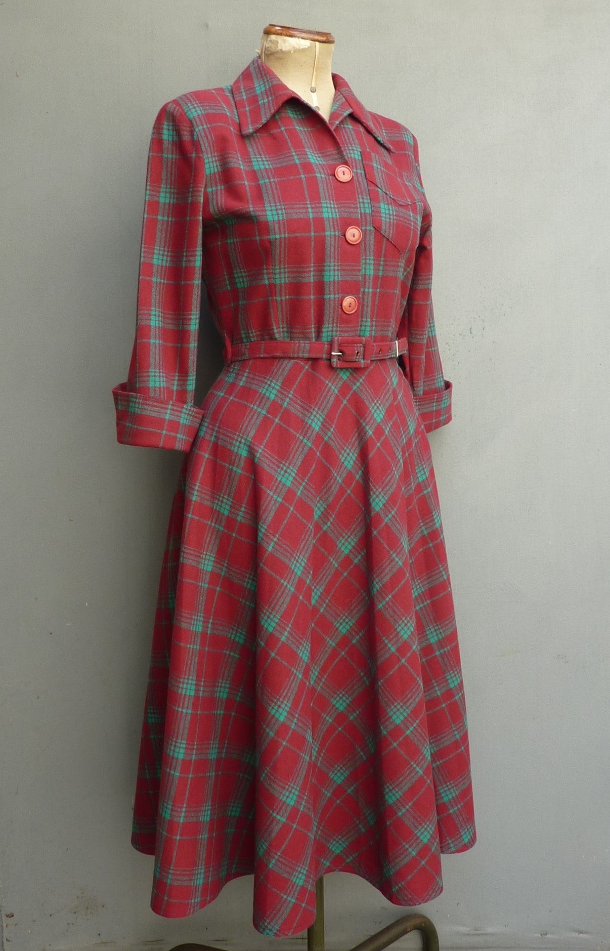 Superb Original 1940s Wool Dress Red Green Plaid Checked 40s UK S