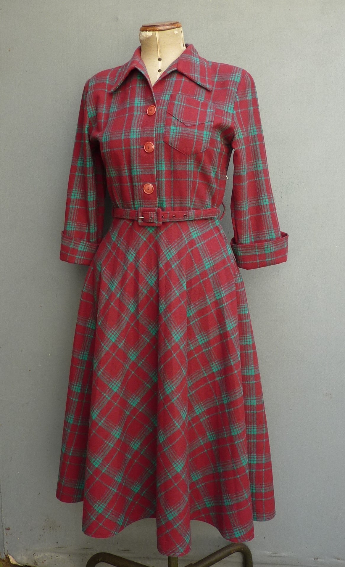 Superb Original 1940s Wool Dress Red Green Plaid Checked 40s UK S