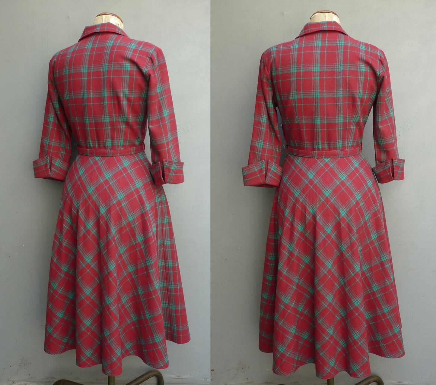 Superb Original 1940s Wool Dress Red Green Plaid Checked 40s UK S